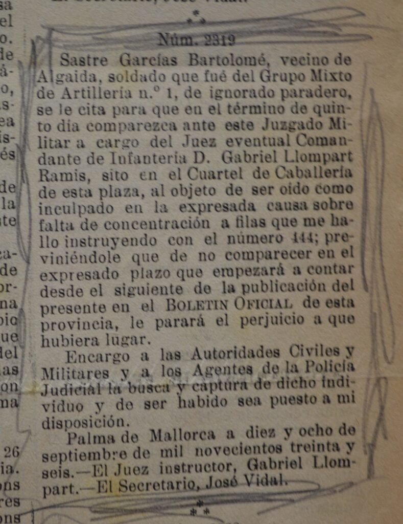 Fragment del Boletín Oficial de la Provincia de Baleares on es va publicar
primera requisitòria contra Bartomeu Sastre.